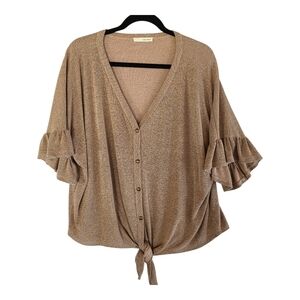Dear Apple Champagne Sparkly Metallic V Neck Knit Blouse With Ruffle Sleeve.
